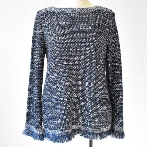 Ann Taylor Navy Blue Metallic Silver Sequin Boat Neck Fringed Knit Sweater - Picture 5 of 16